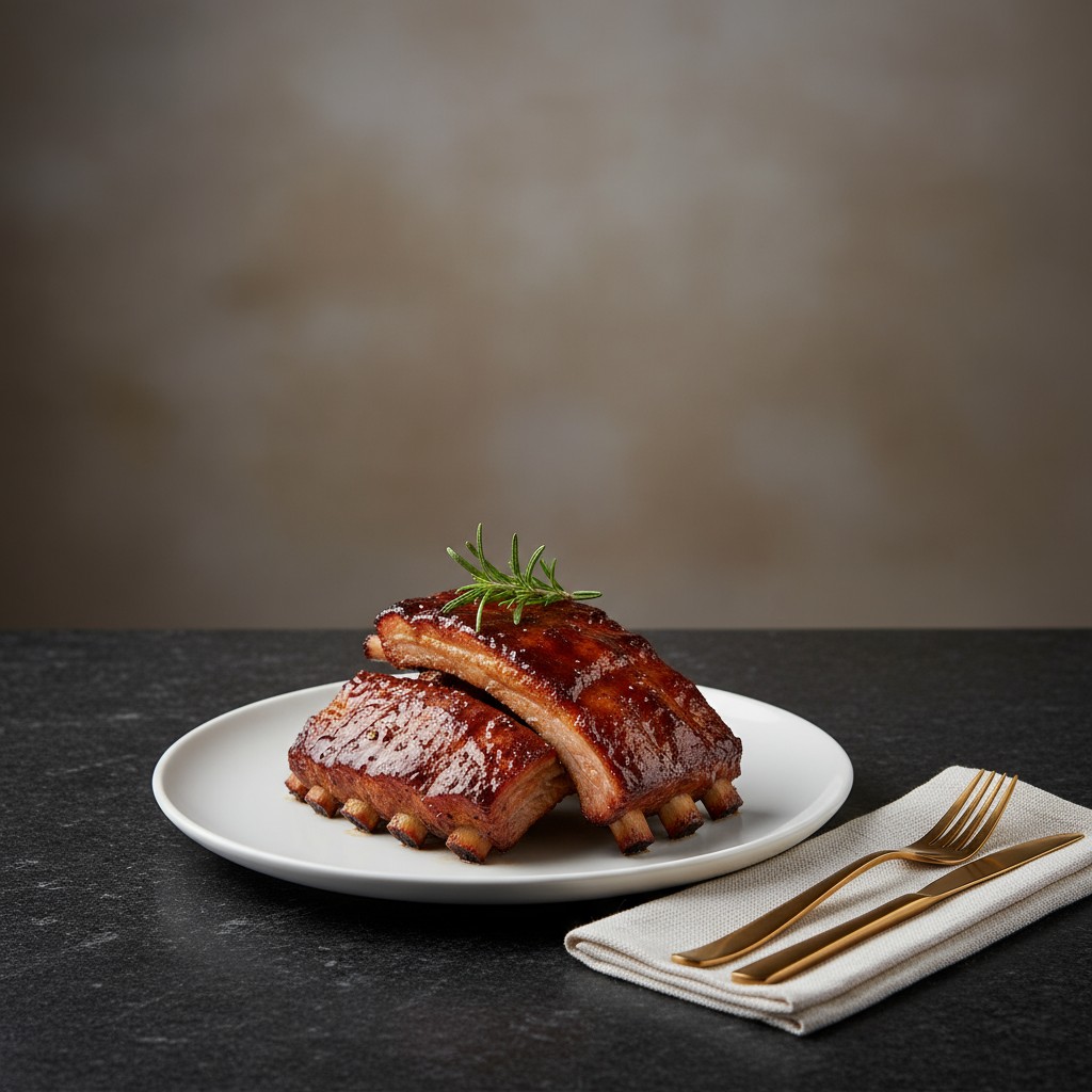 Plato de costillas de cerdo con salsa de mostaza y rosmarino.