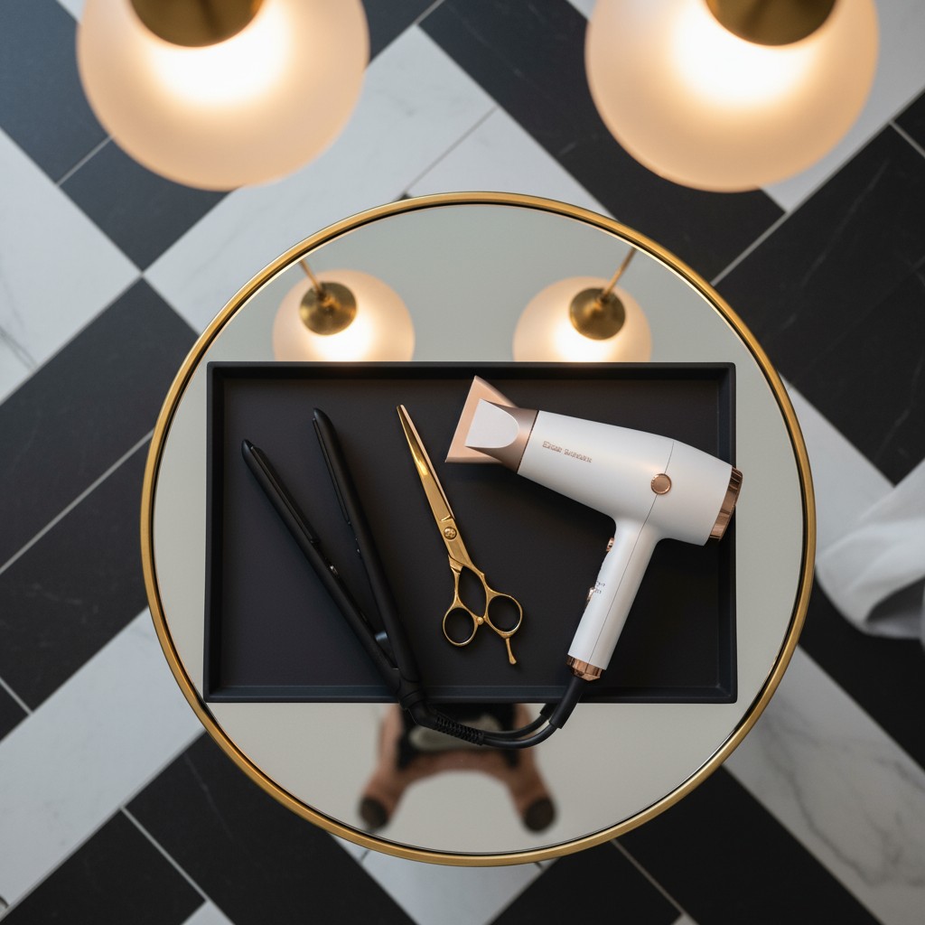 Este es un secador de pelo puesto sobre un espejo en una cómoda estantería cerca del equally ↑.