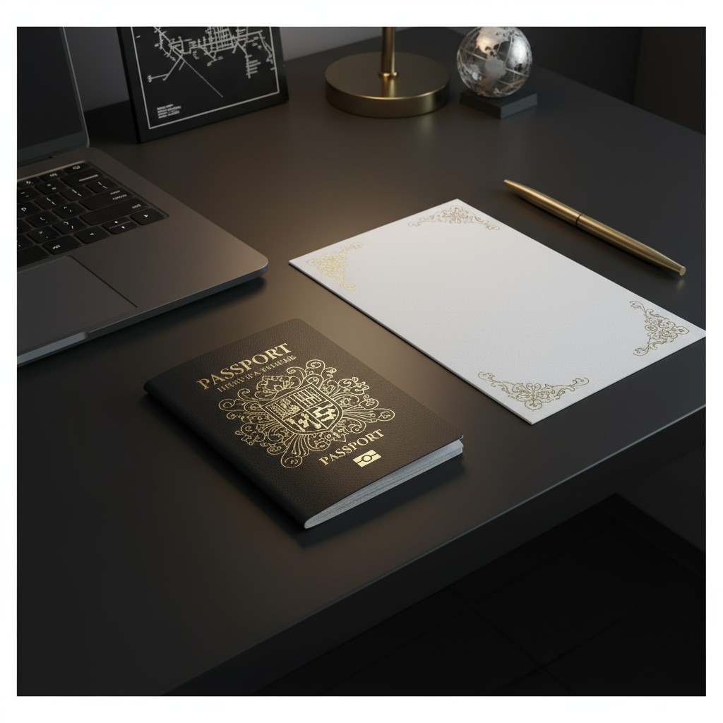 A photograph of a desk with a laptop, passport, pen, and white stationery with gold decorations.